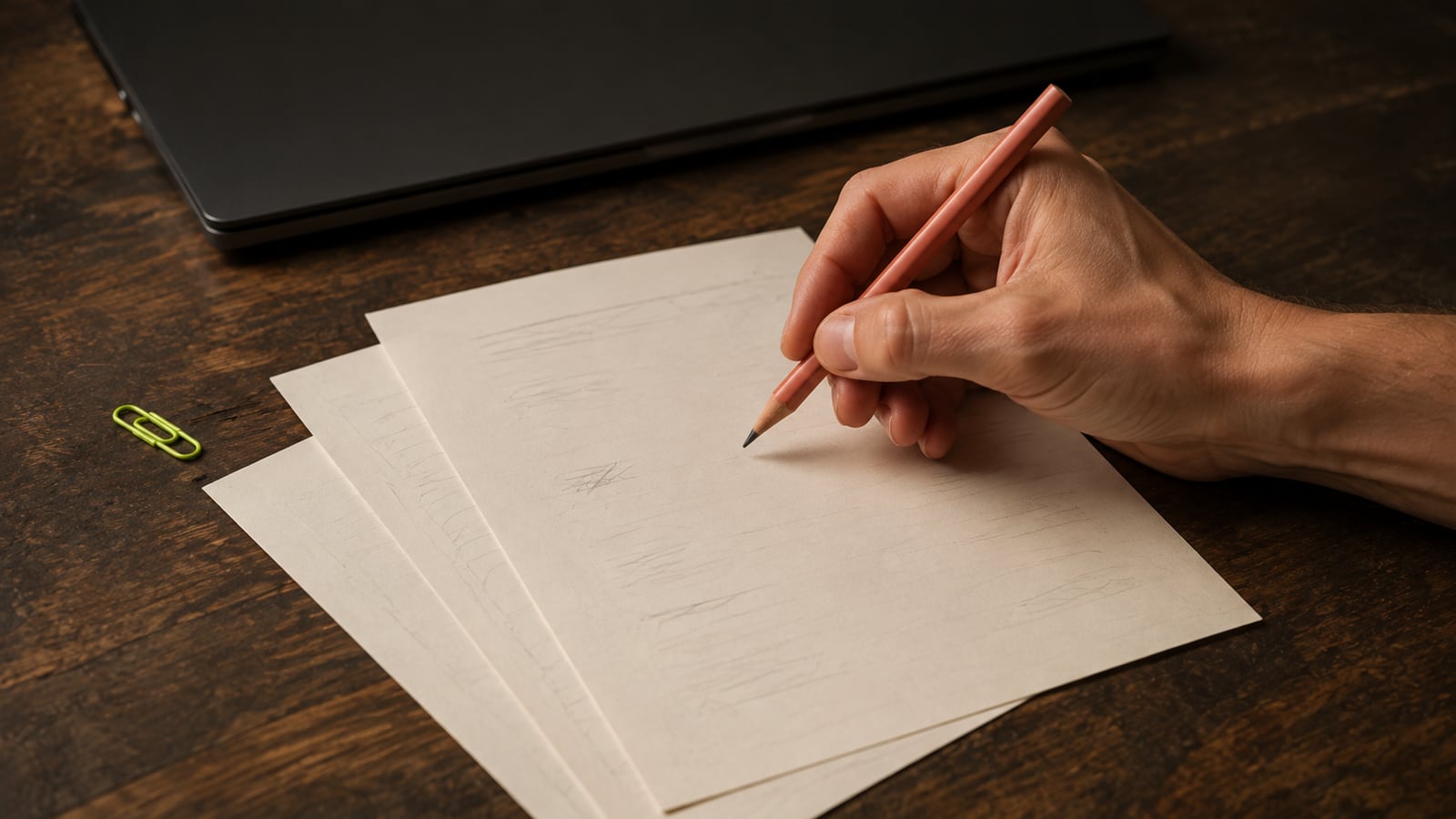 Hand reviewing a draft with a pencil beside alternative paper drafts.