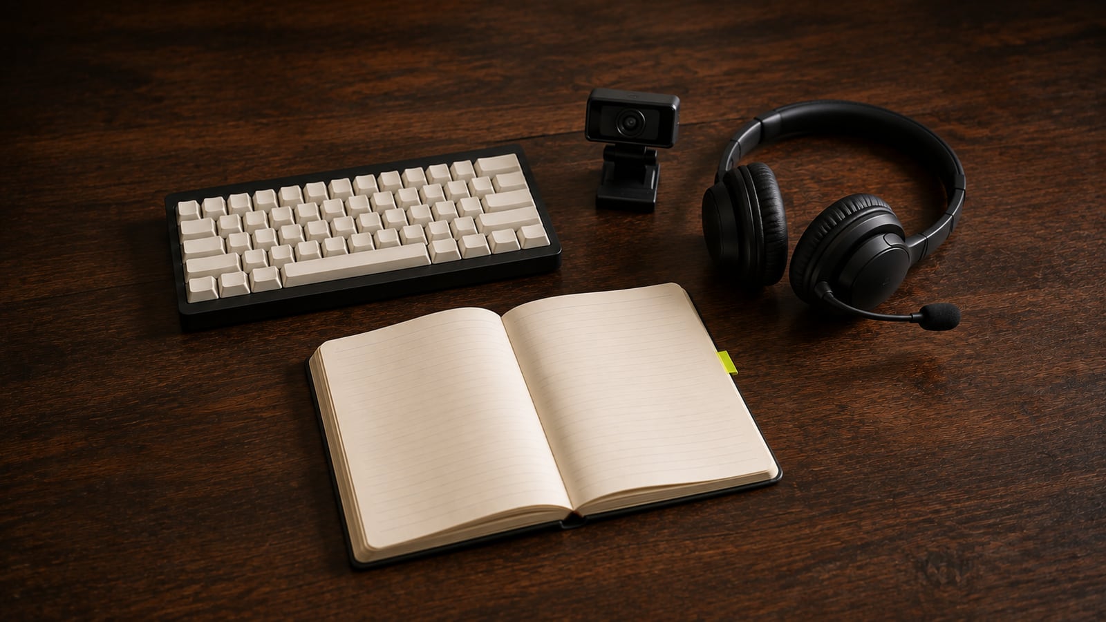 Keyboard, headset, webcam and written-response notebook arranged on a desk.