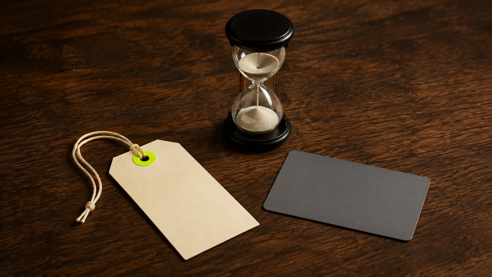 Blank price tag, small hourglass and unbranded stored-value card arranged separately.