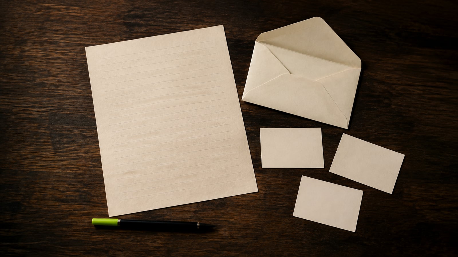 Newsletter draft, envelope and a small selection of blank recipient cards.