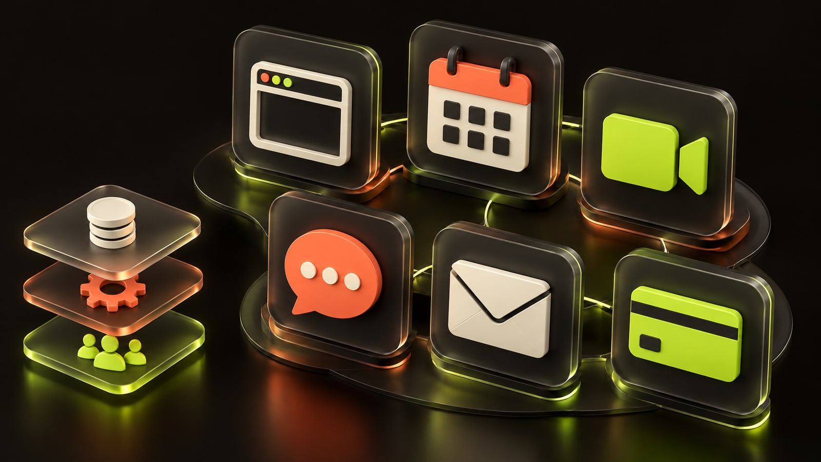 Original three-dimensional illustration of website, calendar, video, chat, email and payment symbols arranged as a software tool stack.