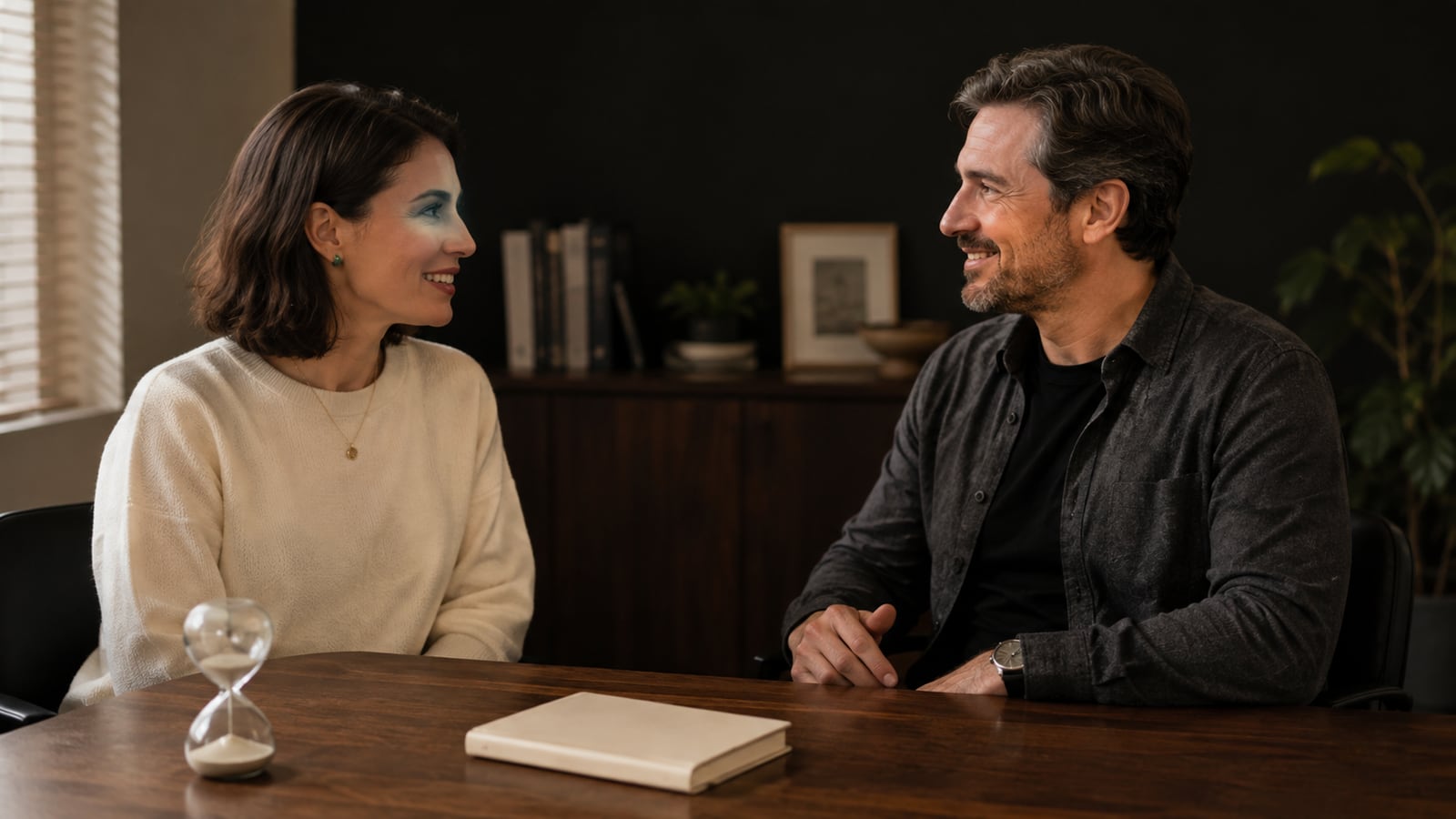 Two fictional professionals greeting across a desk with an hourglass and closed notebook.