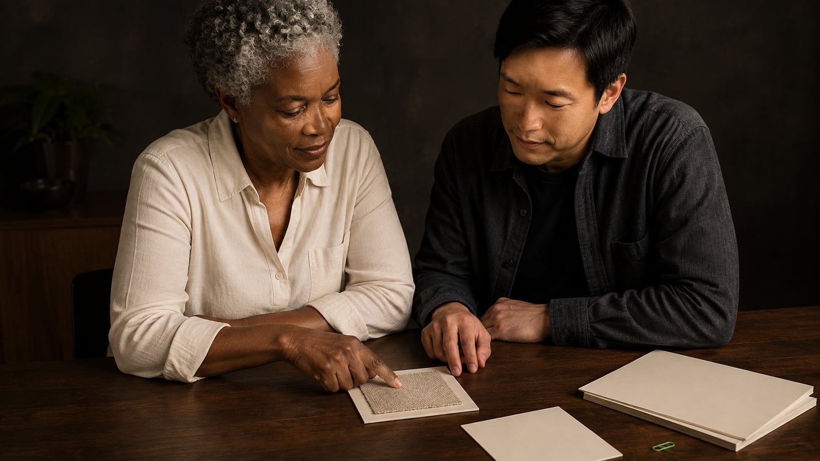 Two fictional professionals examining a detail together beside reference papers.