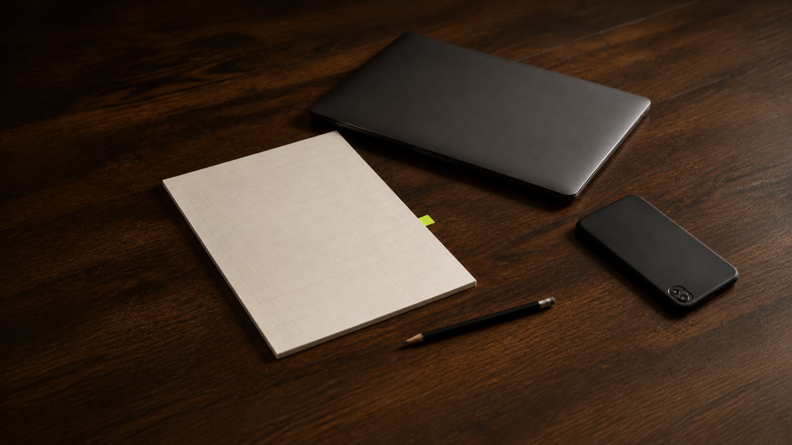 Launch-planning worksheet beside a closed laptop, phone and pencil.
