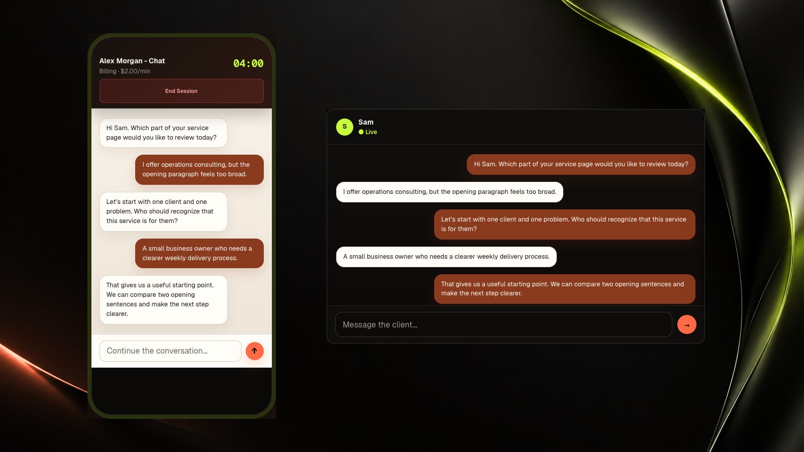 Actual Ownlybiz mobile and desktop chat interfaces with fictional demo messages, timer and rate on a dark lime-accented background.