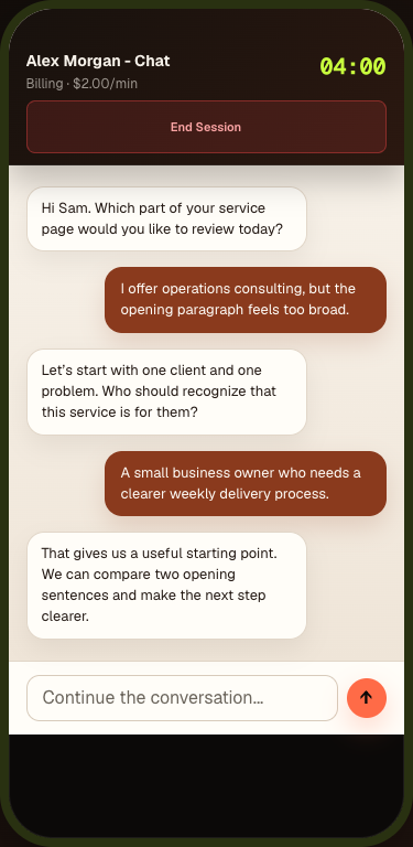 Current Ownlybiz mobile client chat view with a fictional conversation and sample session information.