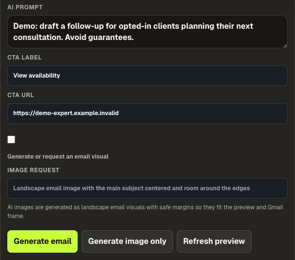 Ownlybiz Email Center AI prompt, call-to-action fields, optional image request, and Generate email, Generate image only and Refresh preview controls.