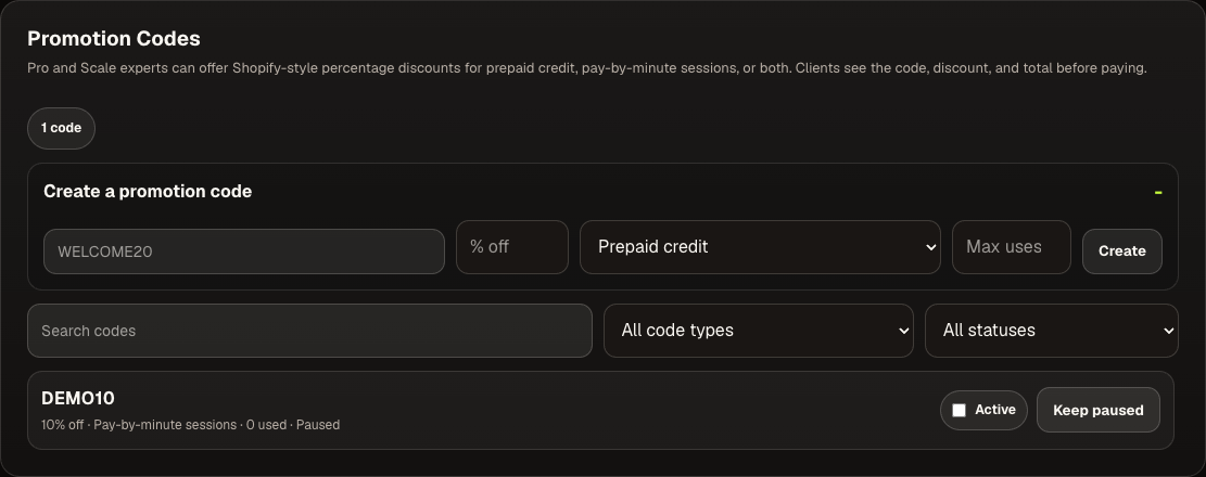 Current Ownlybiz expert Promotion Codes controls with an unsubmitted form and a paused fictional demo code.