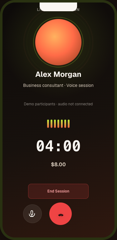 Ownlybiz client voice interface showing Alex Morgan as a fictional participant, sample timer and amount, mute and end-call controls.