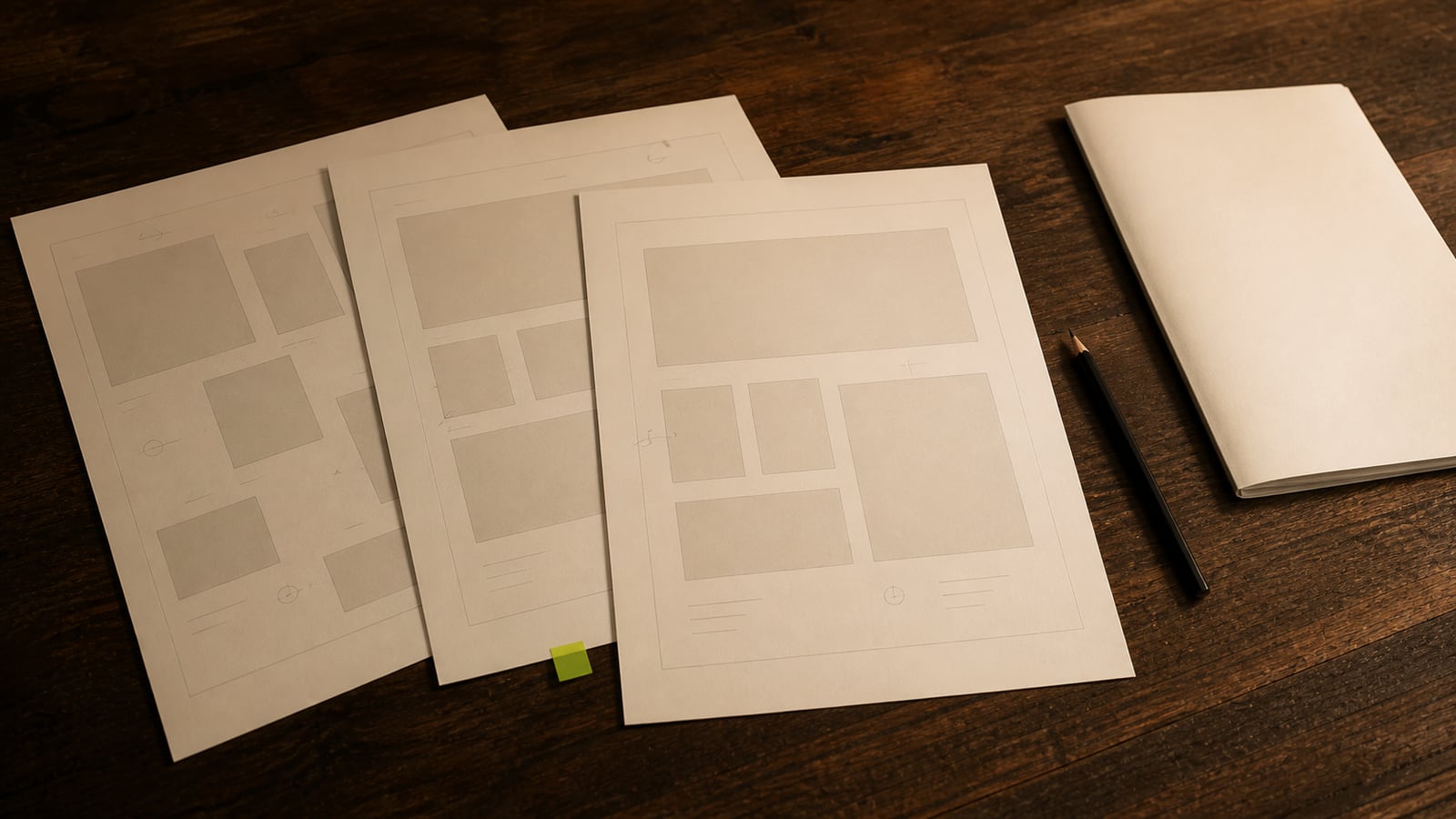Successive portfolio drafts with review notes arranged on a worktable.