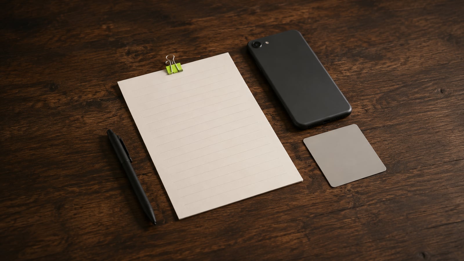 Phone, unbranded payment card and paper service summary on a desk.