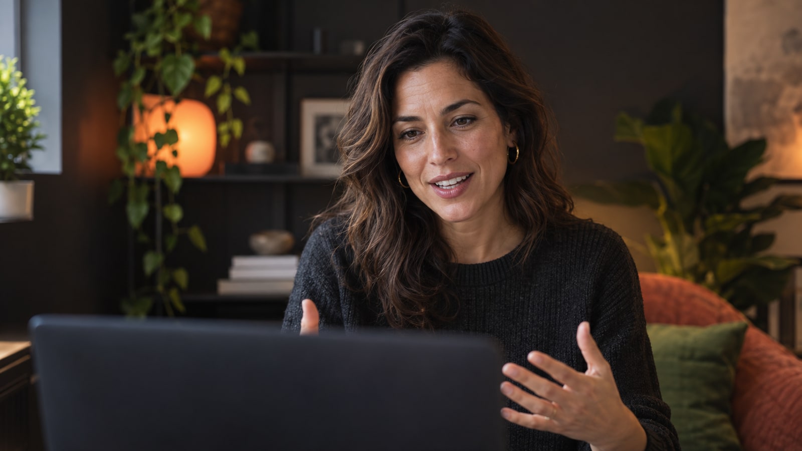 Fictional independent consultant speaking and gesturing toward a laptop during an illustrated remote consultation.