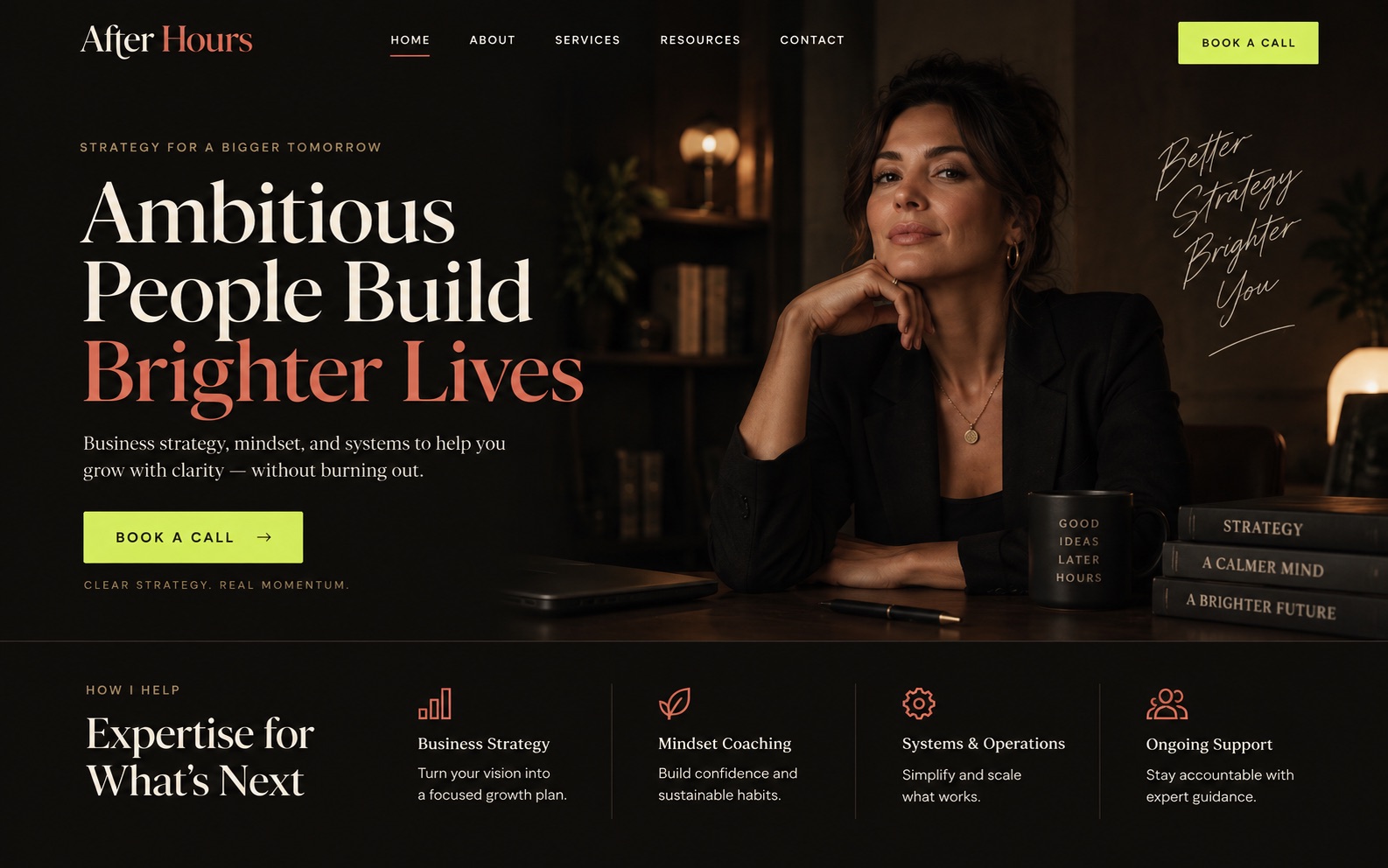 After Hours foundation with a dark high-contrast expert homepage
