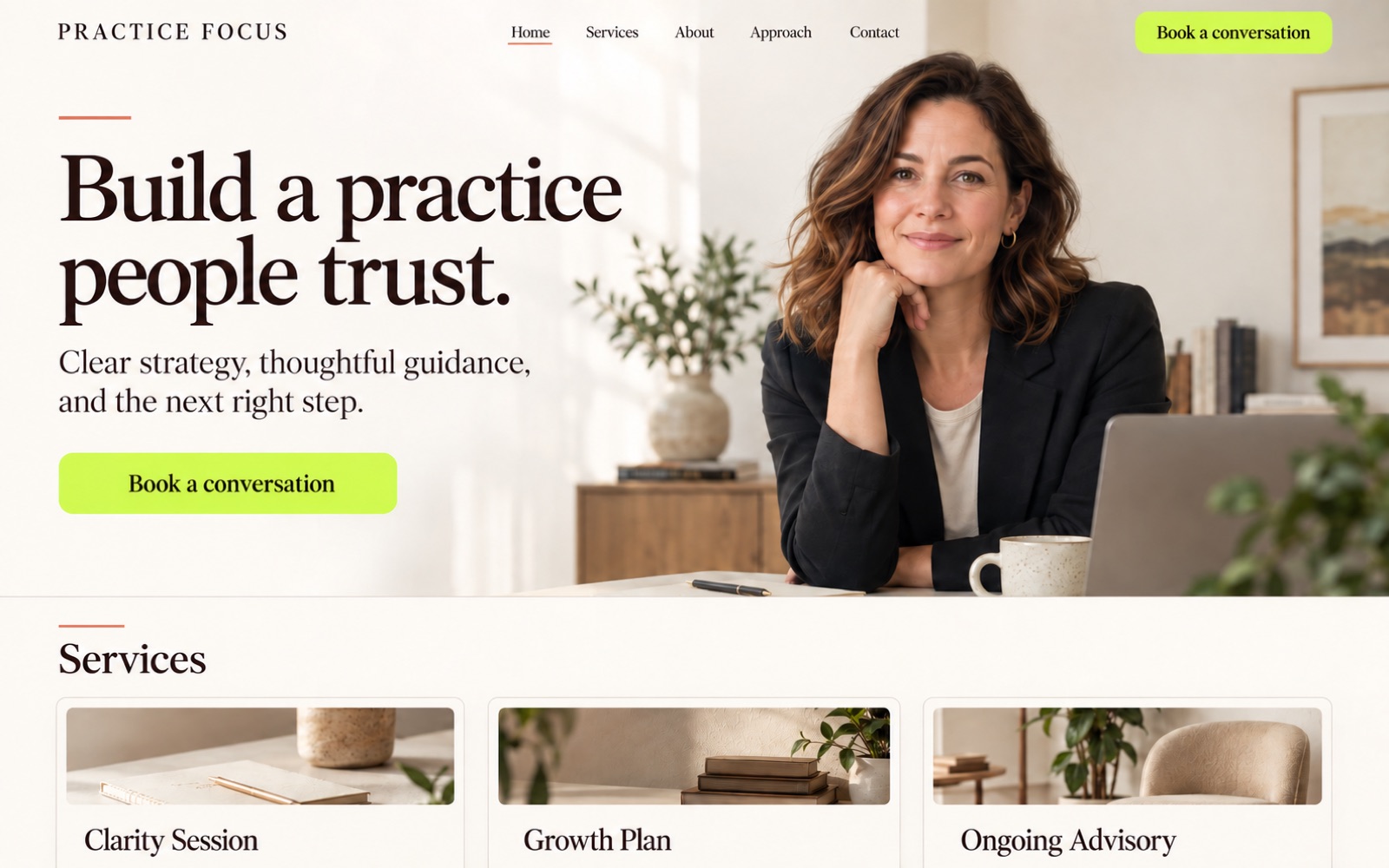 Practice Focus foundation with a warm split-layout expert homepage