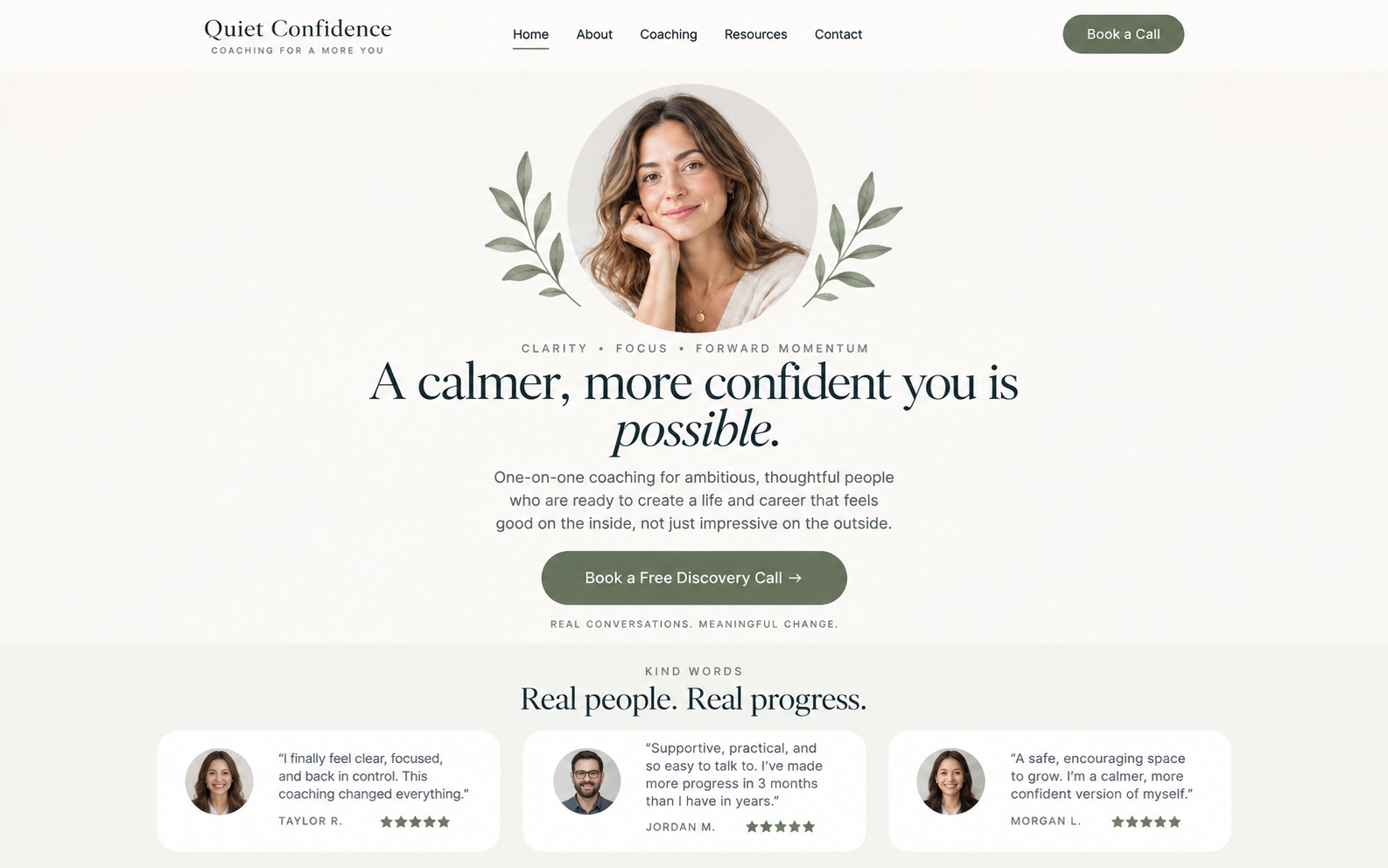 Quiet Confidence foundation with a centered coaching homepage
